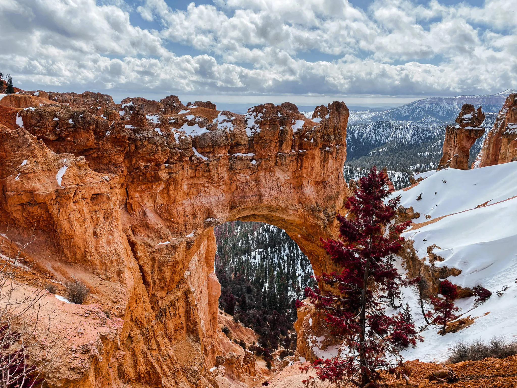 A natural window created by a snowy rock formation in Bryce Canyon National Park.