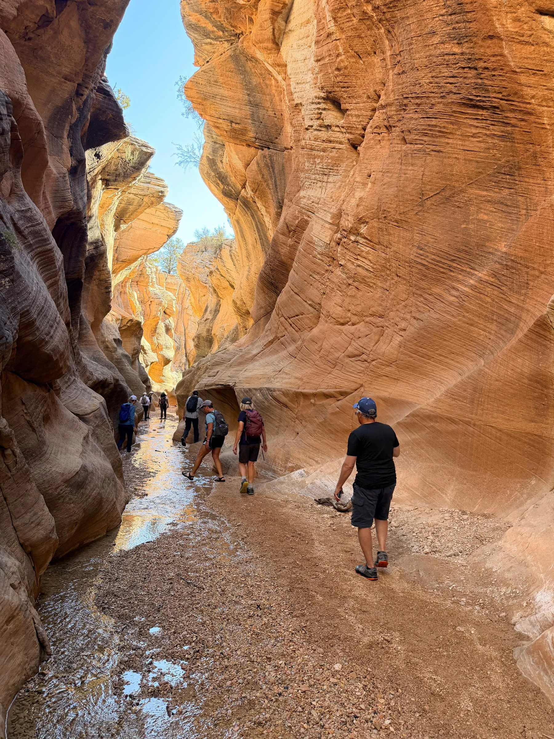 Hikers walking the floor of a slot canyon