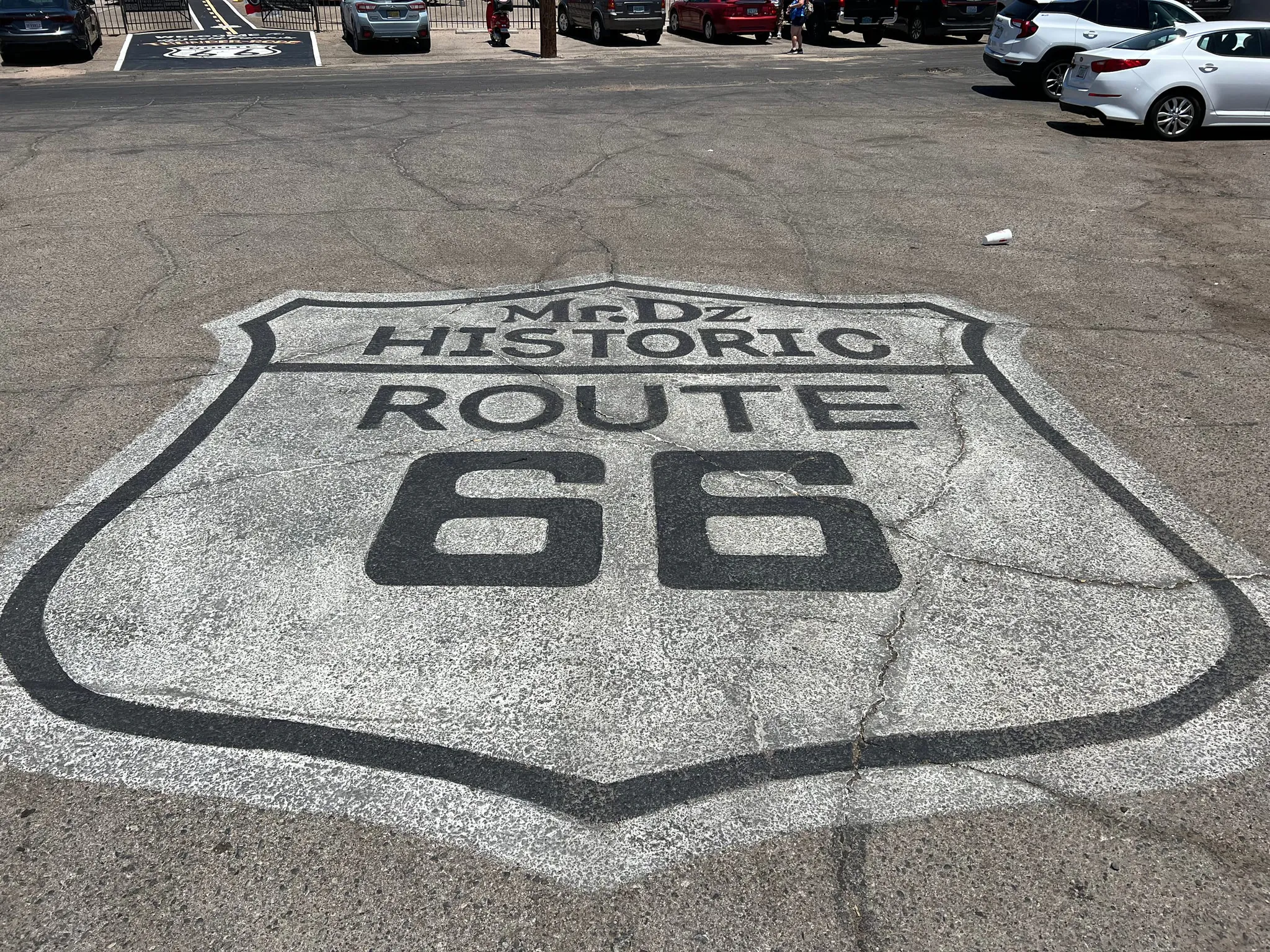 The Route 66 shield painted on the road